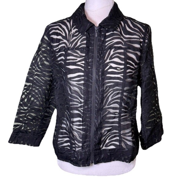 Women’s Sheer Zebra Print Burnout Jacket Zip Front 3/4 Sleeve Y2K Clubwear Sz 8 - Picture 1 of 7